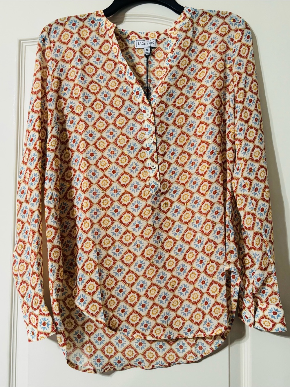 Floral Tile Print Long-Sleeve Blouse in Cream & Rust
